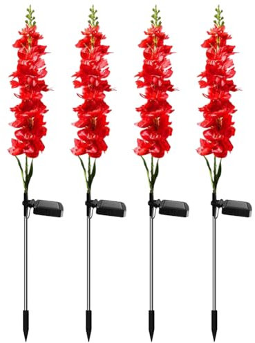 JUCHRZEY 4 luces solares de jardín Delphinium IP65 impermeables para exteriores, luces solares de flores, luz colorida/cálida, luz LED solar de Delphinium para jardín, patio, camino, decorac