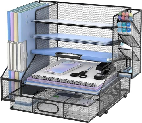 SUPTIDY Schreibtisch Organizer mit Aktenhalter, 5-Tier Mesh Papier Brief Tray Organizer mit Stifthalter und Schublade für Bürobedarf, Schwarz