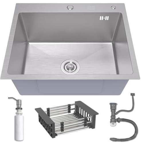 ANW HOME Einspülbecken INOX 60x50 mit Siphon, Abtropfgestell & Seifenspender 350ml, Waschbecken Küche Edelstahl 304 mit 2 HahnLöcher, Spüle Spülbecken Edelstahl, Edelstahlspüle Einbauspüle