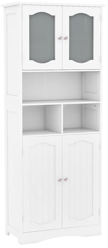 LIFEZEAL Meuble de Salle de Bain avec 4 Portes et 3 Compartiments de Rangement Ouverts, Armoire Haute, Meuble sur Pied pour Cuisine, Salon, Bureau, Blanc, 60 x 30 x 148,5 cm