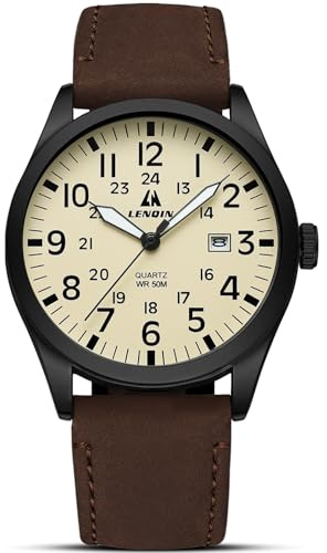 LN LENQIN Uhren Herren Militär Uhr 30M wasserdichte Armbanduhr Herren Analog Quarz Uhren für Männer mit Datum Feld Taktische Uhr Leder Band
