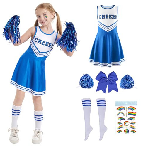 PASLFC Cheerleader Kostüm Kinder,Cheerleadering Outfit Mädchen,Cheerleading Uniform Kleid,Kinder Cheer Outfit mit Pompoms Socken,Kinderkostüm Cheerleader,für Karneval Halloween,Fasching,Mottoparty