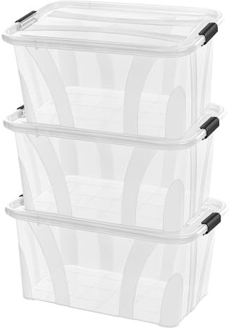 Aufbewahrungsboxen mit Deckel, 7L 14L 21L 32L 55L 80L Plastik Boxen Klickverschluss Stapelboxen 1er/3er Sets Lebensmittelecht Transparent Haushalt & HLKauf-Block (3er-Set 14-Liter & 1x HLKauf-Block)