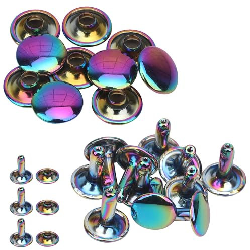 8mm Double Cap Rivets – 10 Sets Tubular Brass Studs for Leathercraft, Sewing, Handbags, Belts, Clothing Repair & DIY Projects – Colourful Dome Fasteners for Crafts & Accessories, Rainbow