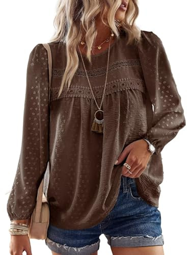 Falechay Womens Spring Blouses Crew Neck Lace Hem Basic Tee Shirts Flowy Chiffon Blouses Clothing for Women Brown L