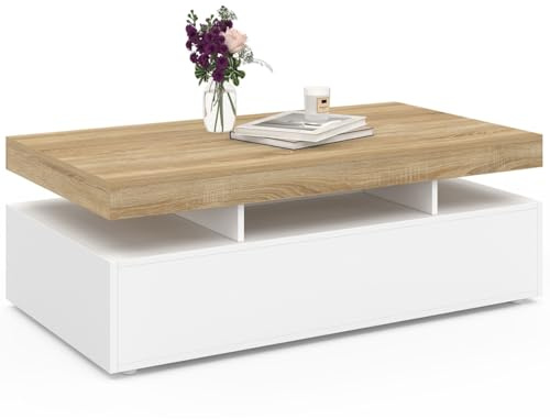 IDMarket - Table Basse rectangulaire Elsa 2 tiroirs en Bois Blanc et Plateau façon hêtre