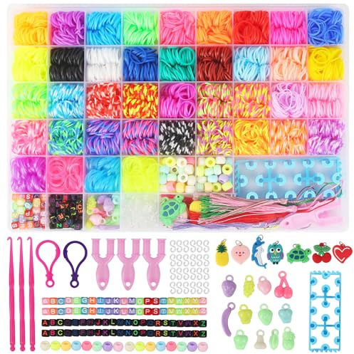 LIAILA 3800+ gomas para hacer pulseras, 54 cuadrados de pulseras gomas elasticas colores para niños, incluidos telares, dijes, cuentas y otros accesorios pulseras, juguetes y regalos para niños