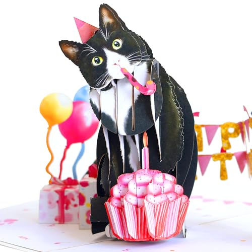 ROINUS Craft Cat Birthday Card – 3D Pop Up Handmade Tuxedo Cat Birthday Card, Funny Cute Card for Cat Lovers