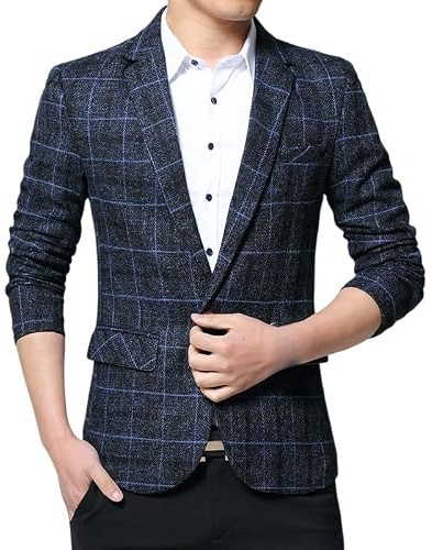 LIUYUYOUGO Americana Hombre Blazer De Tweed A Cuadros para Hombre Chaqueta De Traje con Solapa De Muesca Y Un Botón Estilo Vintage Británico De Mezcla De Lana Abrigo Deportivo Blazer Elegante De C