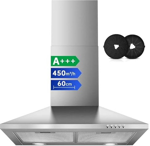 SNDOAS Cooker Hood 60cm, 450m³/h Stainless Steel Chimney Extractor Hood, A+++, 3-Speed Extractor Fan for Kitchen with Carbon Filters, Recirculating & Ducting Wall Mounted Range Hood