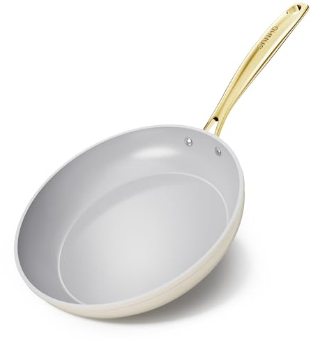 Sanho 26cm Non Stick Frying Pan, Diamond-Titanium Ceramic Coating, PFAS & PFOA Free, Stay-Cool PVD Handle, Oven Safe, Induction Compatible, Beige White