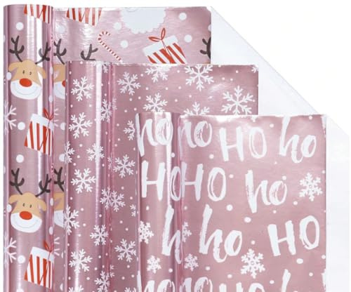 1 rulle glänsande rosa julpapper | jultomten och renmotiv | vändbart papper för gåvor, raffinerade julpaket och dekorationer