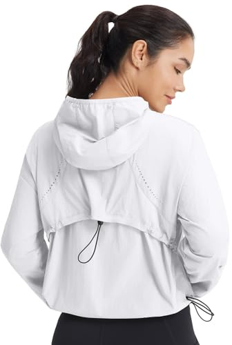 baleaf Women's Sun Jackets Lightweight Packable Crop Shirts UPF 50+ Long Sleeve Hoodie Water Resistant Zip Up Tops Athletic White M