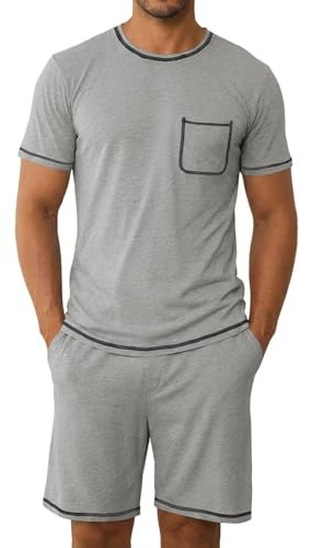 Runcati Pigiama da uomo in due pezzi, a maniche corte e tinta unita, da uomo, in cotone, girocollo, biancheria da notte, grigio., XL