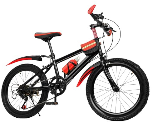 LUNICASHA Bicicleta de montaña de 20 pulgadas, 7 velocidades, para niños y niñas, bicicleta de montaña con guardabarros, acero al carbono, 8 – 13 años, capacidad de carga 85 kg (rojo)