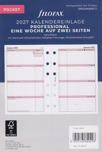 Filofax Inserto per calendario Pocket Professional, 1 settimana su 2 pagine, in tedesco 2027