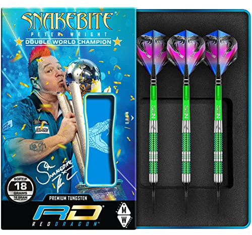 RED DRAGON Peter Wright Snakebite Mamba 18g Fassgewicht, 20g Gesamtgewicht Softip Tungsten Darts mit Flights und Schäfte