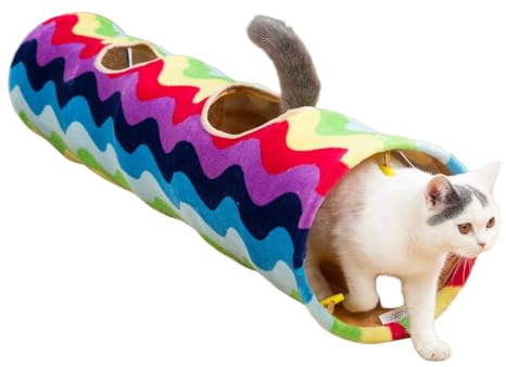 LUCKITTY Cat Tunnel -Straight-Shaped, Rainbow Wave Color, Soft Velvet Exterior, Oxford Fabric Fog-Proof Interior, Plush Toy Ball, Easily Washable, Conveniently Foldable, 47.2in/120cm
