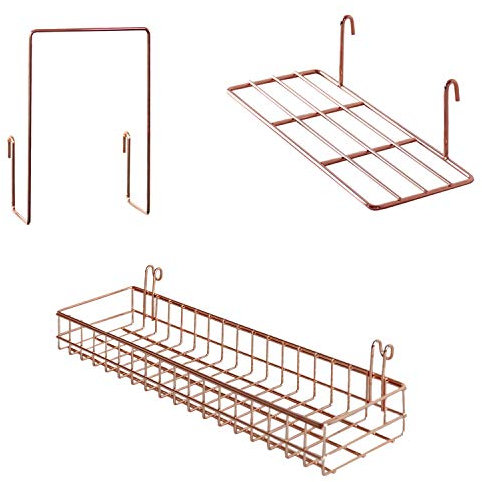 FRIADE Rose Gold Grid Basket with Hooks,Bookshelf,Display Shelf for Wall Grid Panel,Wall Mount Organizer and Storage Shelf Rack for Home Supplies,1 Set of 3 (Rose Gold)