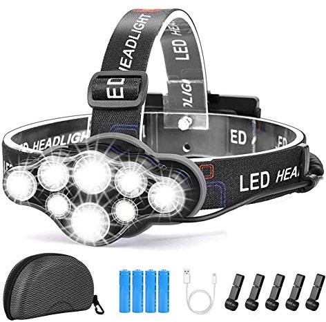 Yabtf Stirnlampe,18000 Lumen 8 LED 8 Modi Kopflampe mit Rot weiß Warnlicht,USB Wiederaufladbare Wasserdicht Stirnleuchte für Outdoor Camping Wandern Arbeiten