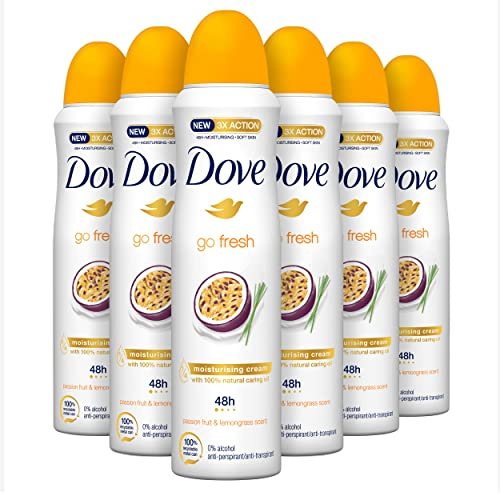 Dove, Go Fresh Deodorante Spray Passion Fruit, con 1/4 Crema Idratante, Antitraspirante, Senza Alcool, Pelle Asciutta Fino a 48 Ore, Fragranza Fresca, Deodorante Uomo e Donna, 6 Pezzi da 150 ml