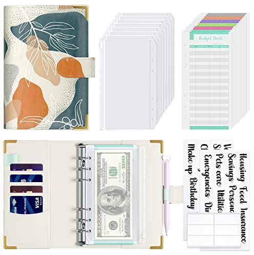 Rnivvi Budget Binder with Zipper Envelopes, A6 Money Saving Binder Cash Envelopes for Budgeting, PU Leather Planner Money Organizer for Cash Bills, Cute Boho System Wallet for Women, Abstract Leaves