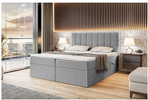 MEBLINI Boxspringbett mit Bettkasten - Gepolstert Doppelbett mit Matratze und Topper - Polsterbett mit Stauraum - Bett mit Kopfteil - Stauraumbett - Erling - 160x200 - H3/Grau Webstoff