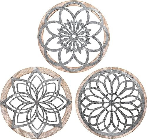 DMYBC 3 Stück Rustikale Wanddeko Runde Bauernhof Wanddekoration Metall mit Holzrahmen Wandschmuck Dekorationen für Haus Wohnzimmer Esszimmer Schlafzimmer Küche Korridor（40cm*40cm）