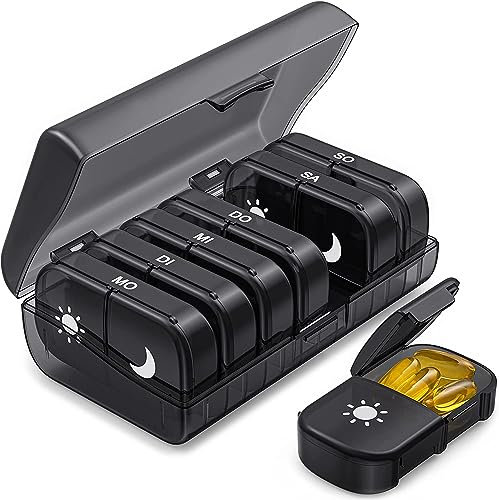 Nutori Tablettenbox - 7 Tage - 2 Fächer - Tag & Nacht - Für Tabletten, Kapseln & Vitamine - schwarz