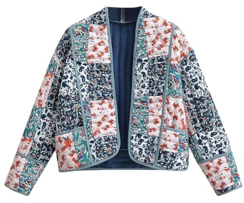 Wyeysyt Women's Cropped Puffer Quilted Jacket Cardigan Floral Printed Lightweight Long Sleeve Open Front Short Padded Coats(03Blue-S)