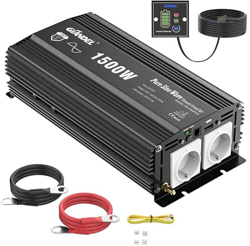 Giandel Power Inverter 1500W Onda Sinusoidale Pura Convertitore DC 12V a AC 220V 230V con telecomando & 2 presa AC e Porte USB per auto,camion camper