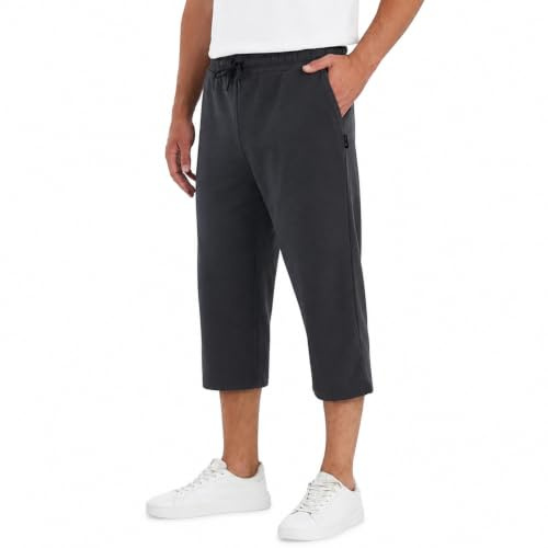 COMEOR Short capri 3/4 en coton pour homme avec poches – Short d'été décontracté coupe ample pour l'entraînement, le jogging, l'athlétisme, la gym, la course à pied, gris foncé, XL