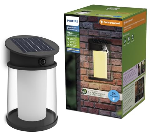 Philips Juda UltraEffiziente Solar-Wandleuchte für den Außenbereich, austauschbare Solarlampe, Bewegungssensor, 2700K warmweißes Licht, Schwarz