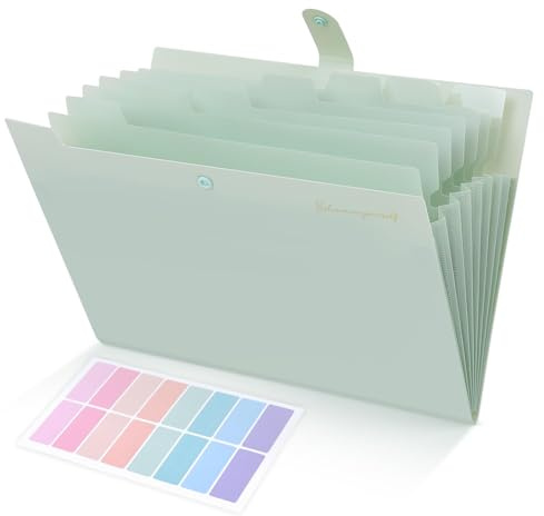 SKYDUE Dokumentsorterare, sorterare med 8 A4-fack, dokumentförvaringsmapp med etiketter, papper/dokumentförvaring för kontor, hem, skola (prickgrön)