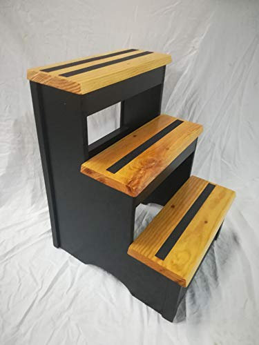 Escabeau en bois, 3 échelons, hauteur 60 cm, noir, marches vernies