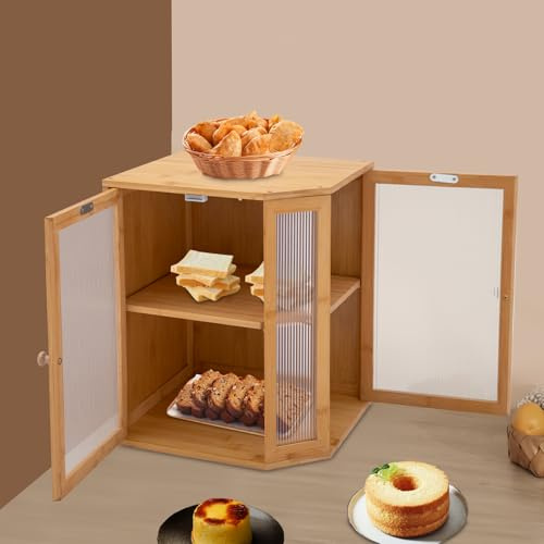 SAUADY Contenitore per il pane a 2 strati, in legno di bambù, resistente alla muffa, con grande capacità, sistema di conservazione della freschezza grazie alla ventilazione, 30 x 30 x 38 cm, legno