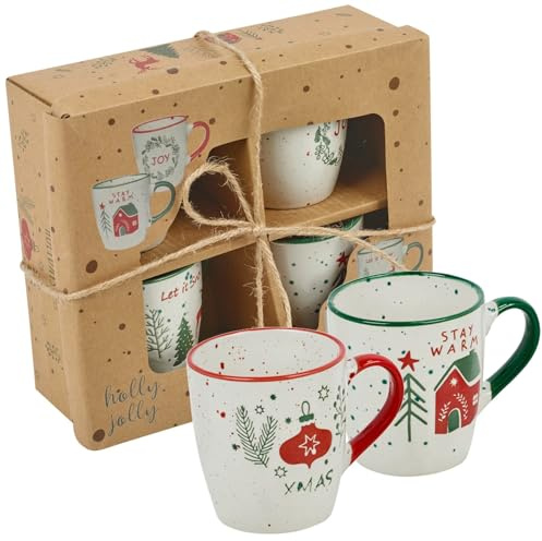 URBNLIVING Festive Ceramic Mugs Set – Stylish Christmas Stoneware Cups for Tea & Coffee with Beautiful Gift Box – Ideal Holiday Present (Number of Mugs: 4)