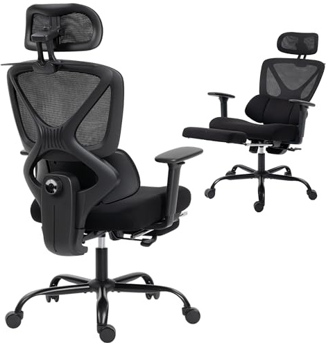 HOMCOM Sedia Ufficio Ergonomica, Sedia Scrivania Reclinabile con Poggiapiedi, Supporto Lombare Dinamico, Braccioli 3D, Poggiatesta e Altezza Regolabili, Girevole, Dondolo, in Rete Traspirante, Nero