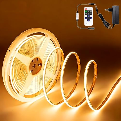 Kimuwote Striscia LED 3M, LED Striscia Dimmerabile con Alimentatore e Telecomando, CRI 92+, Larghezza 8mm, 24V Bianco Caldo Striscia LED per Decorazione Domestica, Cucina, Specchio