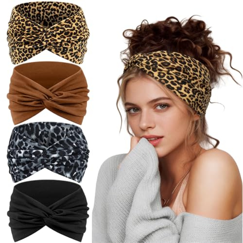 Aribliseza Diadema Estampado de Leopardo, 4 Piezas Anchas Bandas para el Cabello para Mujeres, Set de Diademas Boho (Marrón, Gris, Marrón Negro), Envolturas Elásticas para Yoga y Deportes