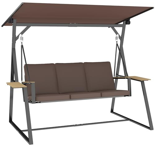 Outsunny Dondolo da Giardino 3 Posti con Tettuccio Regolabile, Dondolo da Esterno in Metallo con 2 Vassoi, Cuscini Imbottiti, Portata 360kg, per Terrazzo Balcone, UV50+, 222x131x175 cm, Marrone