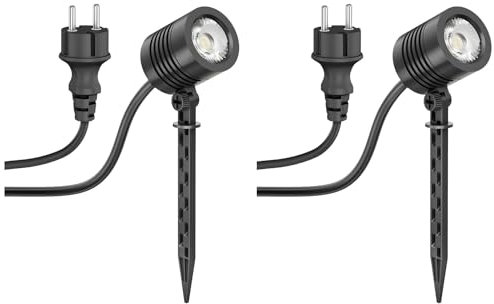 ledscom.de 2 pezzi Piccolo faretto da giardino a LED con picchetto a terra TARL per esterni, IP65, spina, nero, 4,3 W, 340lm, bianco caldo