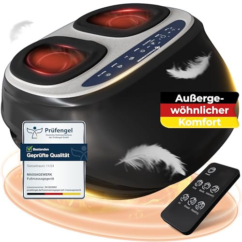 MASSAGEWERK® Premium Fußmassagegerät Elektrisch | EMS Fußmassagegerät mit Shiatsu, Vibration und Heizfunktion | Verbesserte Durchblutung, Schmerzlinderung bei Fersensporn und Neuropathie bis Größe 45