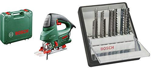 Bosch PST 900 PEL - Sierra de calar (620 W, en maletín) + Bosch 2 607 010 540 - Juego de 10 hojas de sierra de calar Robust Line Wood Expert, vástago en T