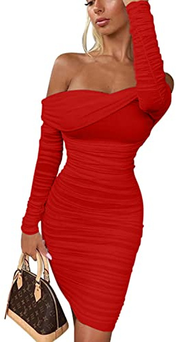 GOKATOSAU Women's Sexy Elegant Ruffle Long Sleeve Off Shoulder Ruched Party Mini Dress Red