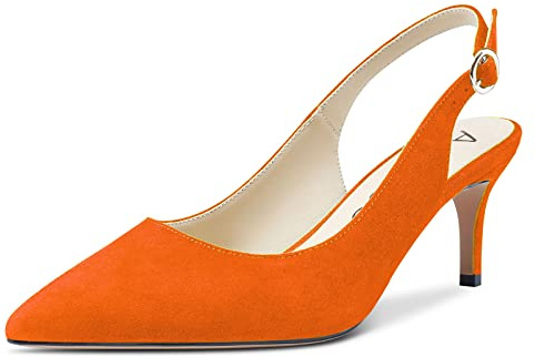 Aachcol Femmes Slingback Escarpins Aiguille Mi Talon Heel Pointu Bout Lanières Cheville Mariage Bureau Party Dress Chaussures Sandales 6 CM Orange Suède 39 EU