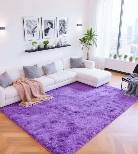 ROHATIM Teppich Wohnzimmer 200 x 300 cm Violett Waschbar Rutschfester Hochflorteppich Kinderzimmer Schlafzimmer Flauschiger Teppiche