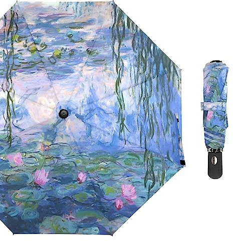 SvriTe Monet Claude Seerosen, Ölgemälde, Regenschirm für Damen, vollautomatisch, drei zusammenklappbar, winddicht, UV-Sonnenschirm, Seerosen