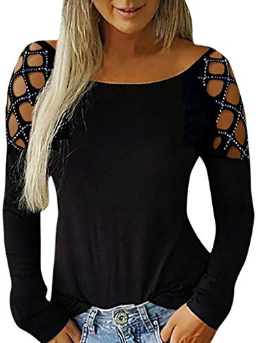 Kanpola sweatshirt damer glänsande diamant långärmad blusskjorta vår sommar toppar tunika toppar sexig ihålig tröja kvinnor skjorta blus lös avslappnad t-shirt, svart, M
