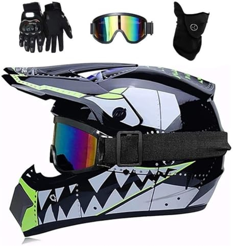 Unisex Motocross Helmet, Youth Kid Full-Face MTB Off Road Street ATV Motorbike Helmet, Downhill BMX Enduro Quad Dirt Bike Crash Helmet Protective Gear, with Goggles Gloves Mask ( Color : Grey , Size :